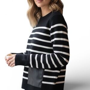 Zara Knit Sweater Faux Leather Front Pockets - Black &  White - Size Medium